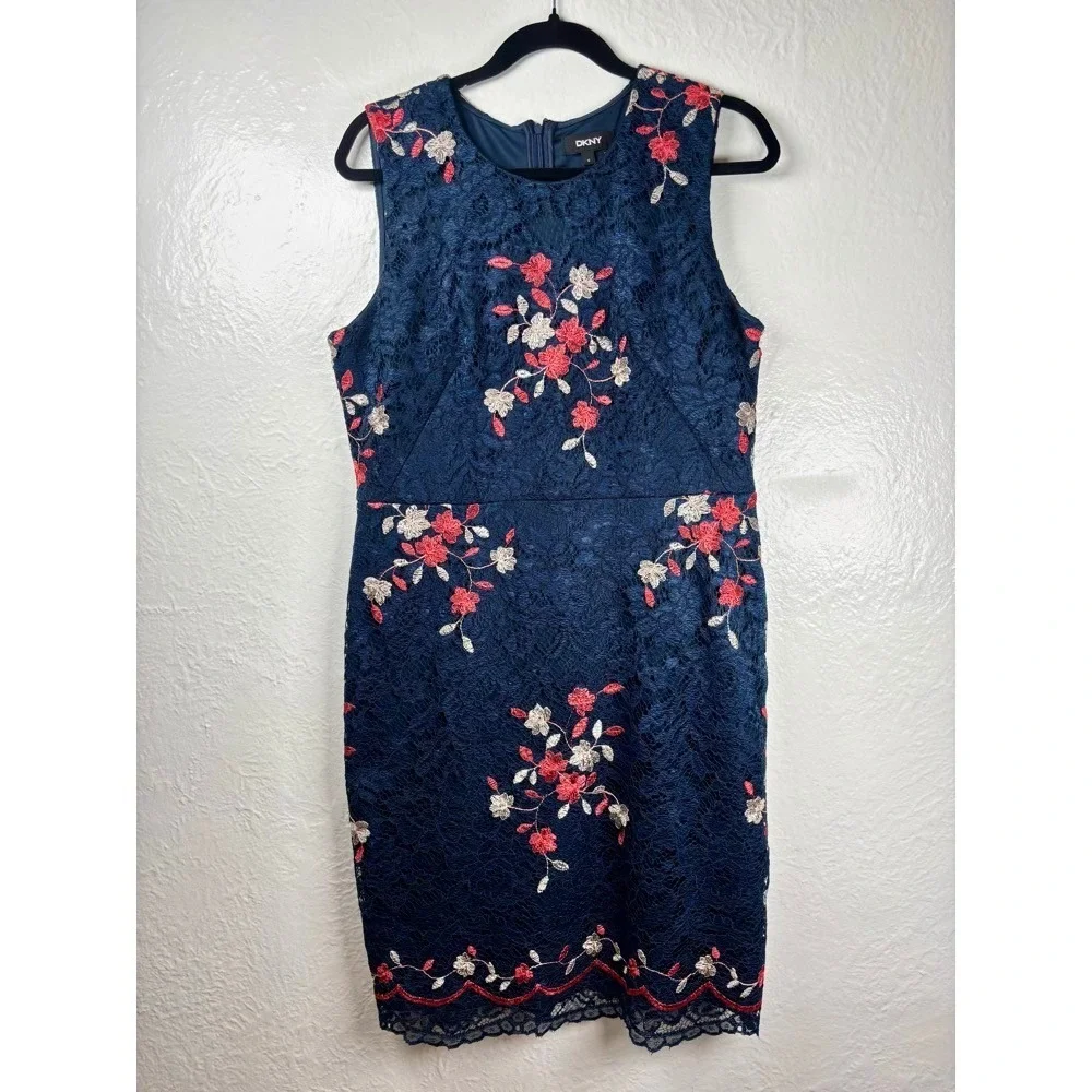 dkny embroidered dress DKNY By Donna Karan Cap Sleeve Cinched Waist Faux Embroidered Midi Dress